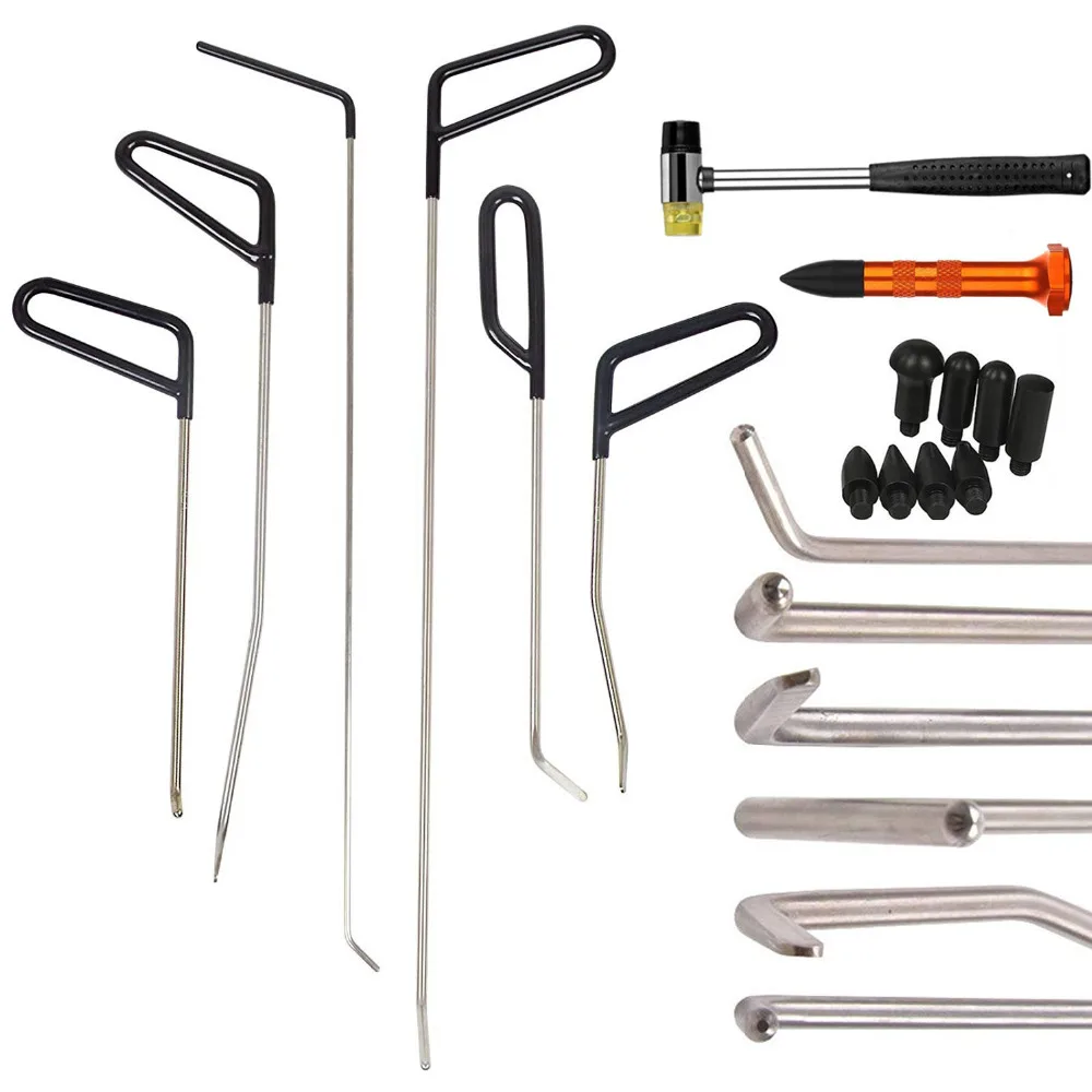 Paintless Dent Removal Rod Tool Kit Set Door Ding Repair Hail Damage Repair with 9 Heads Aluminum Tap Down Dent Hammer Full Set