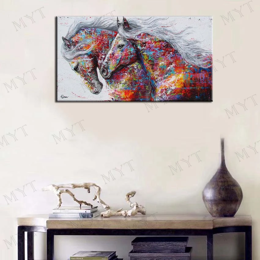 MYT Free Shipping Two Tall Horses Oil Painting On Canvas Abstract Running Horse Pictures Paintings Modern Decoration Unframe