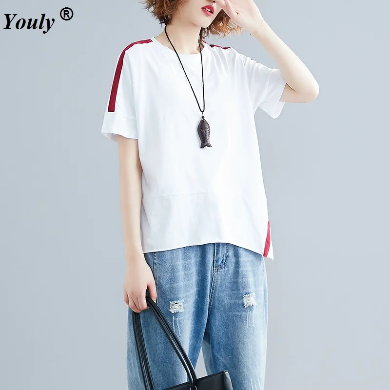 

Simple Large Asymmetric Ribbon Cotton Loose Casual T-shirt Women Summer Red and White Split Bottom Top Tees