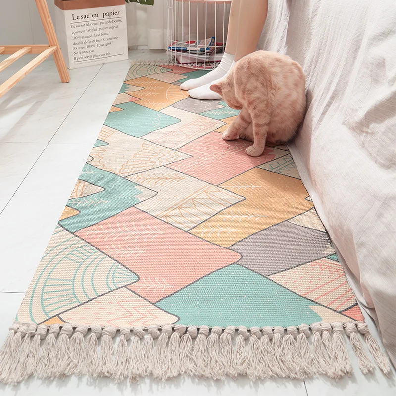 Cotton hand-woven Japanese bedside rug Green household bedroom room strip tassel anti-slip mat livingroom rug set