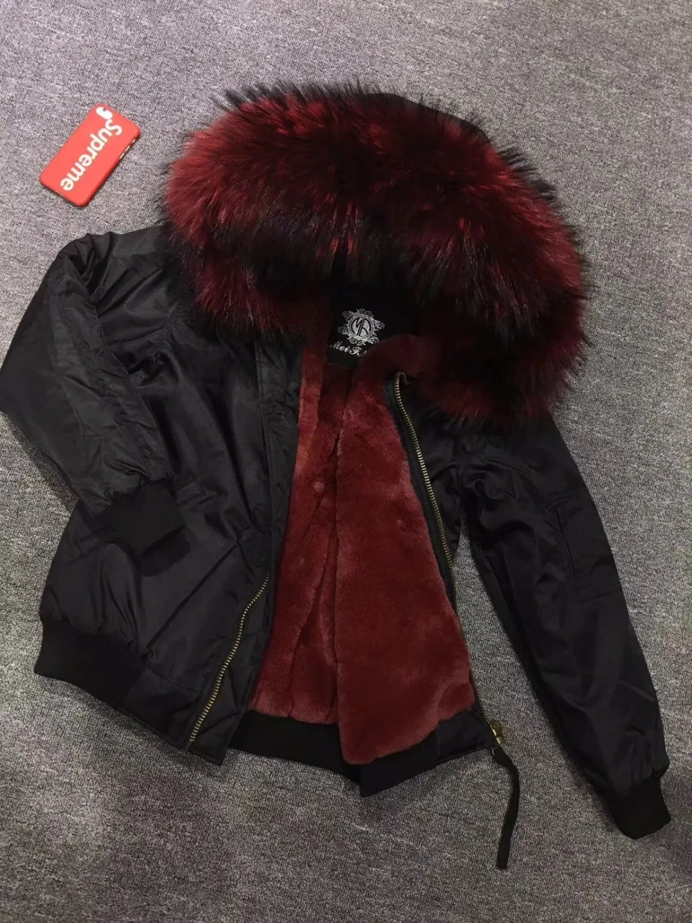 Popular Factory Burgundy Faux Fur Lined Bomber Jacket For Women&Men Big And Fuzzy Fur Collar Coat