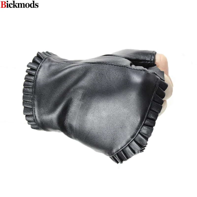 female Fingerless leather gloves wrinkled lace style semi pointed sheepskin gloves sports ride driving