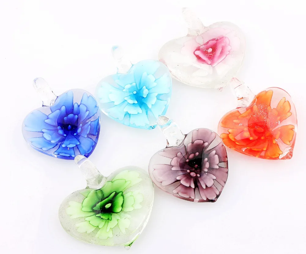 Qianbei Hot Sell Wholesale 6pcs Handmade Murano Lampwork Glass Mix Color Flower Heart Pendant Fit Necklace Jewelry