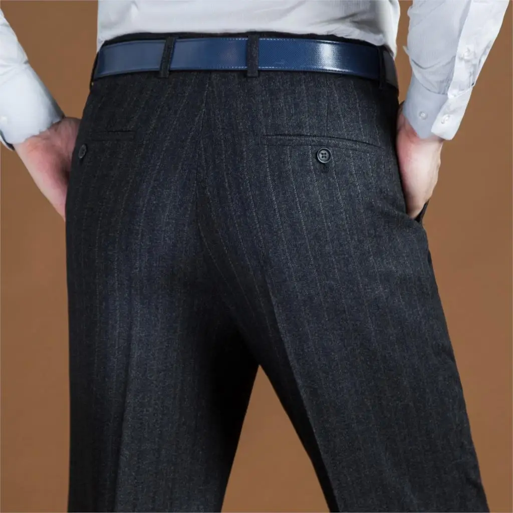 Pantalones de traje de Cachemira para hombre, pantalones de lana de cintura alta a rayas sueltas, pantalones de vestir formales rectos clásicos,