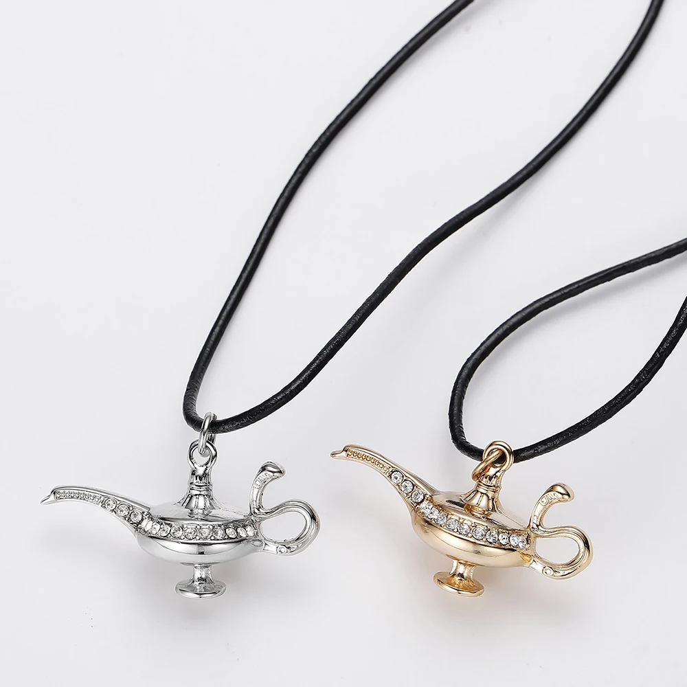 Aladdin Magic Lamp Crystal Necklace Trendy Jewelry Kids Cartoon Goid Pendant Vintage Leather Long Necklaces Women Gift