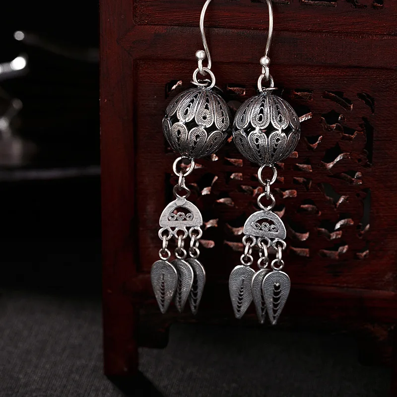 foot silver retro dumb light to make old hand-stitched silk lady's high-end 100-set pure silver ear pendant earrings