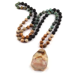 Fashion 8mm Semi Precious Stones lava 3 color Knotted Stone Pendant Necklace