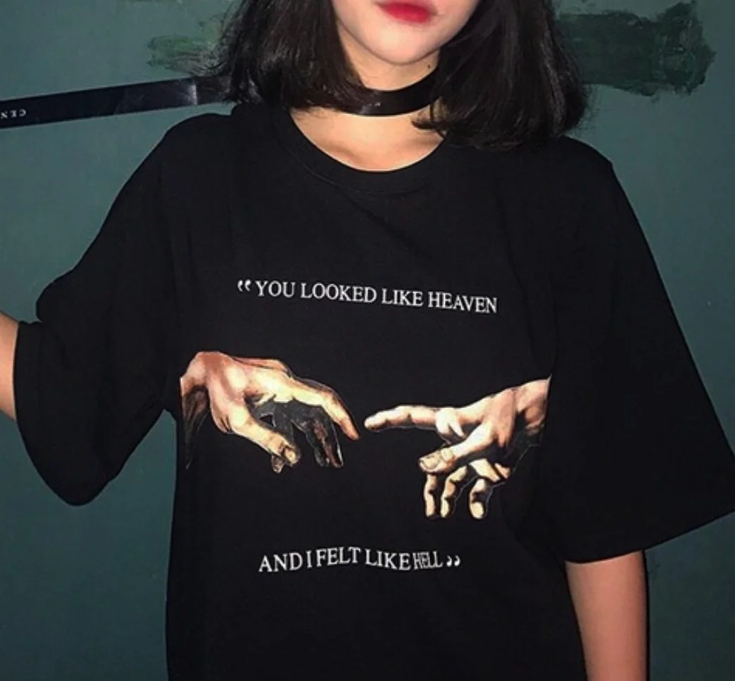 

PUDO-JBH 1pcs Black Tshirt Summer Women Tee You Looked Like Heaven and I Felt Like Hell Michaelangelo the Last Judgement Hands