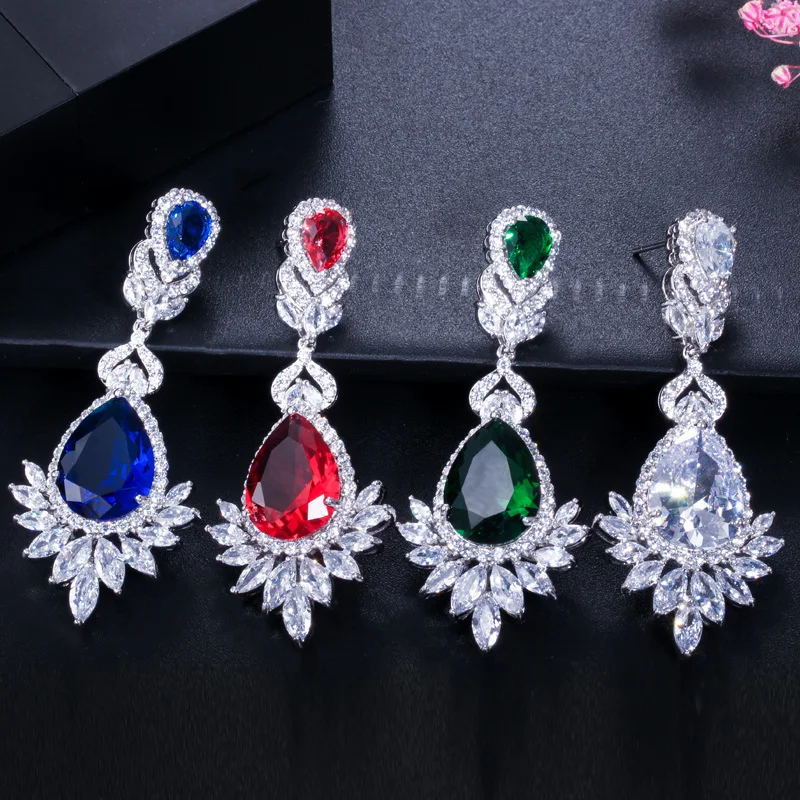 CWWZircons Beautiful Queen Fancy Red Cubic Zirconia Long Bridal Wedding Big Drop Marquise Earrings Brides Jewelry Gift CZ056