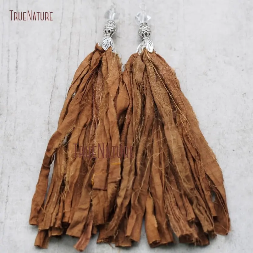 

Bohemian Antique Silver Color Tulip Cap Brown Sari Silk Tassel Pendant Crystal Quartzs Faceted Beads Jewelry In 6.8 inch PM9043