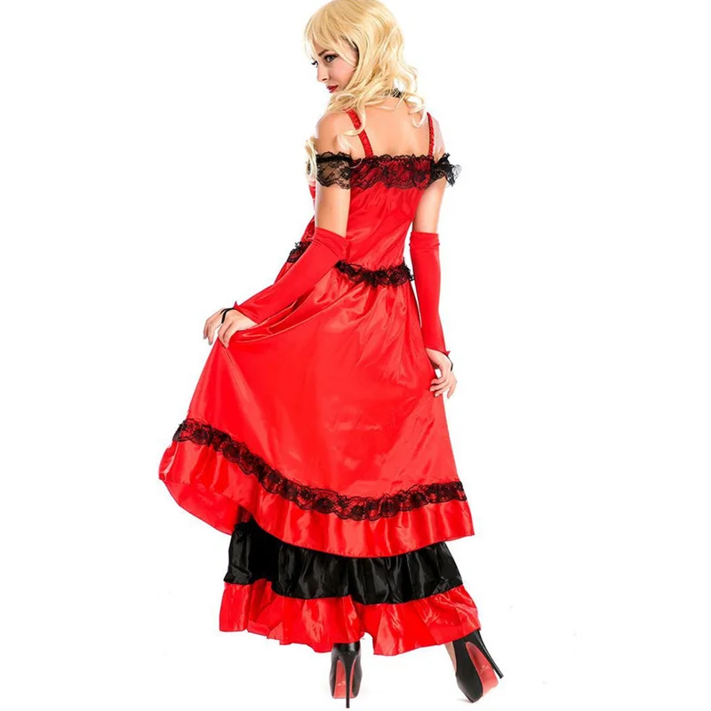 Halloween Costumes Women Sexy Spanish Gypsy Red Can Can Lace Long Dress Burlesque Party Saloon Show Girl Flamenco Dance Dresses