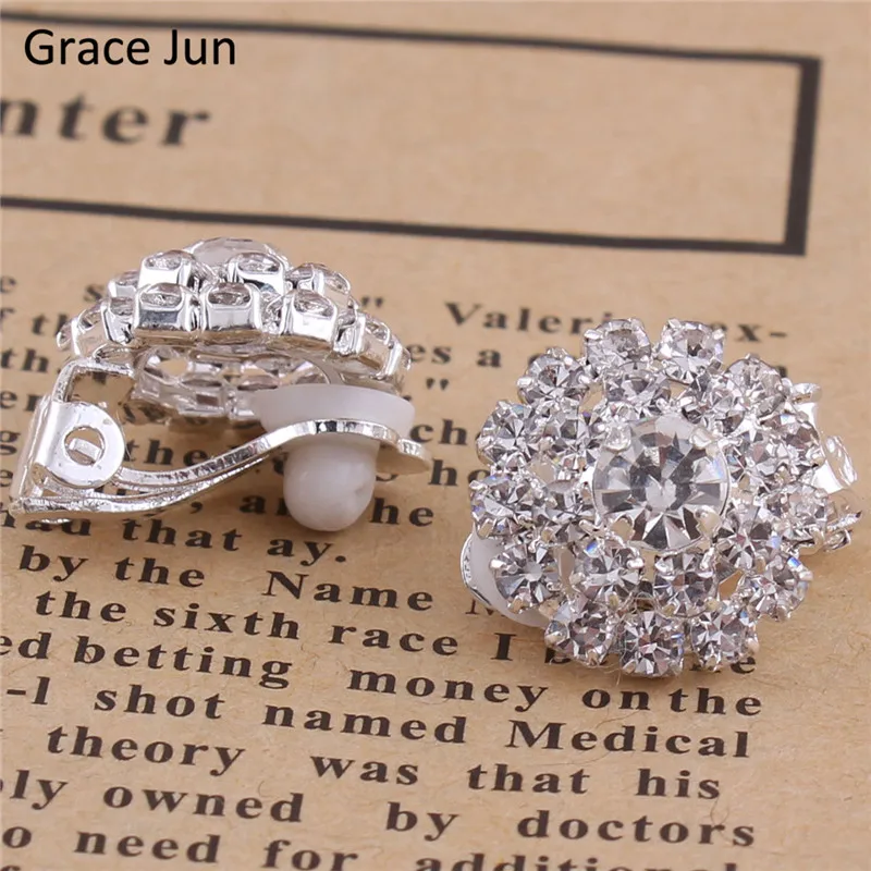 Grace Jun New Arrival Double Round Rhinestone Clip on Earring No Pierced for Women Party Charm Fine Jewelry Bijouterie