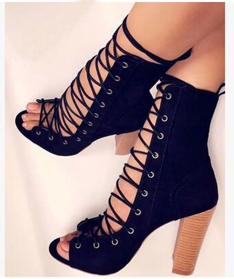 

New Fashion Women Open Toe Lace-up Suede Leather Thick Heel Ankle Boots Cut-out Super High Heel Short Boots Gladiator Boots