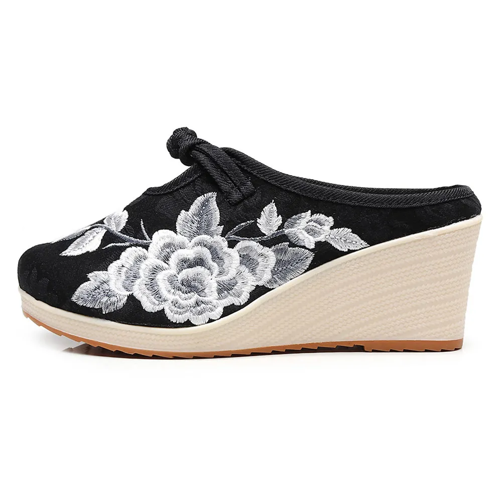 Veowalk Vintage Flowers Embroidered Women\'s Canvas Mules Slippers Wedge High Heel Ladies Comfort Embroidery Shoes Platforms