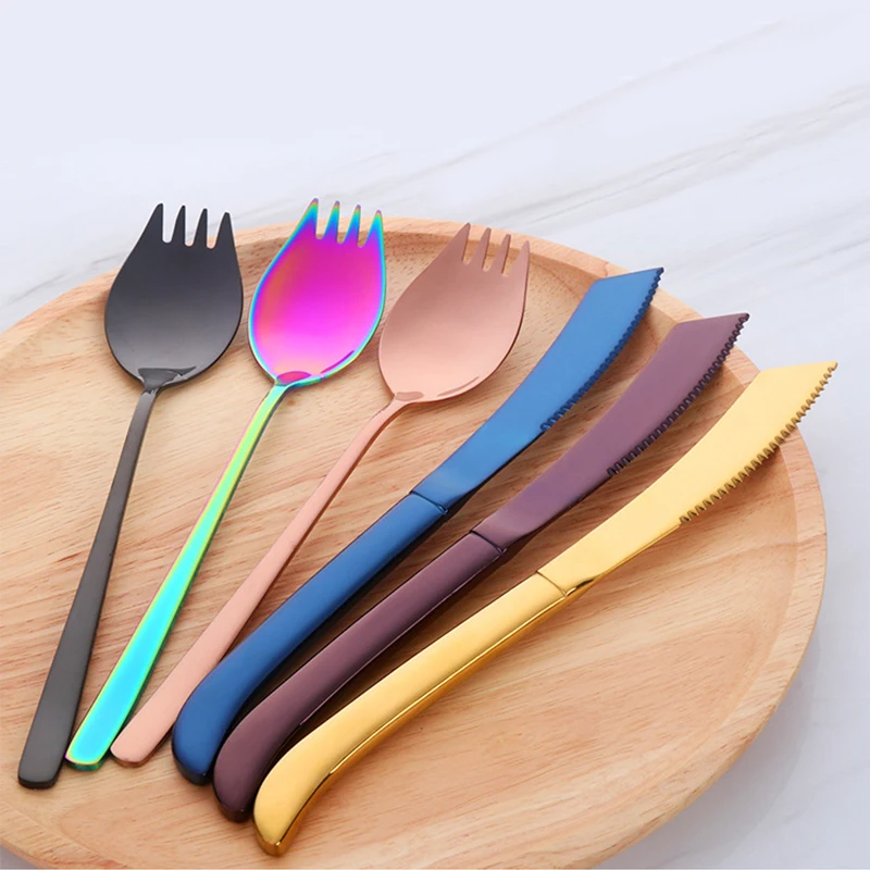 Dinnerware Set 7 Color 2pcs Stainless Steel Black Rainbow Cutlery Set Gold Fork Dinnerspoon Knives Kitchen Food Accessories