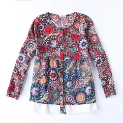 Lençóis de algodão da cópia da flor do vintage feminino blusa camisas camisa verão o-pescoço longo-luva ruffles lace casual loose women clothing