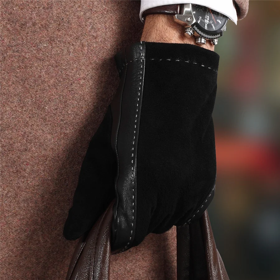 Men'S Genuine Leather Gloves Fall And Winter Plus Cashmere Warm Stitching Sheep Leather Suede Gloves 9003-5