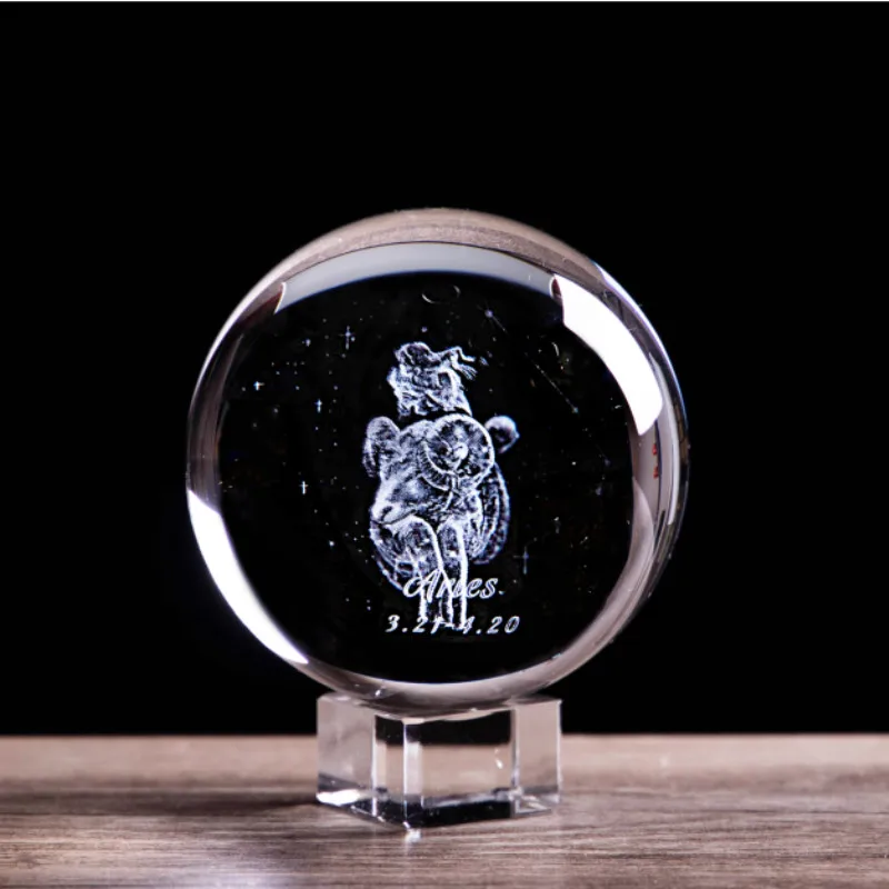 Crystal Constellation Ball 3D Laser Engraved Aries Statuettes Sphere Angel Glass Figurines Ball Home Office Decoration Accessory