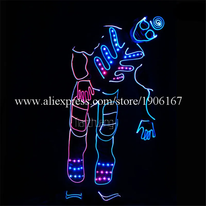 

RGB LED Luminous Fiber Optic Ghost Costume Dance Robot Suits Halloween Led Light Up Wizard Party Event Performance Clothes Mask