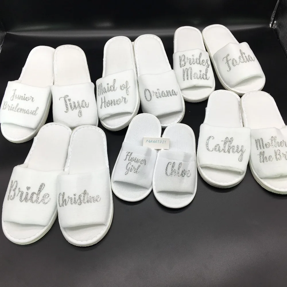 personalized silver glitter wedding bridesmaid bride spa slippers Matron of honor Flower Girl night Bachelorette party favors