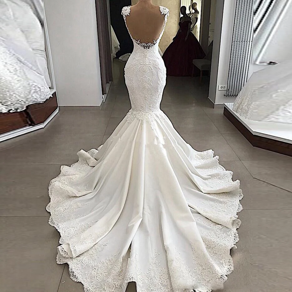 Nàng Tiên Cá Váy Cưới Xem Qua Lưng Càn Quét Tàu Cưới Cô Dâu Đồ Bầu Cao Cấp Đầm Vestido De Noiva Ren Đính Cô Dâu Đầm