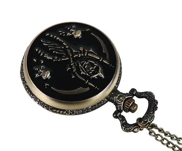 Carving Skull Flame Death Angel Wing Quartz Pocket Watch with Necklace FOB Chain Arabic Relogio De Bolso Gifts Boys child