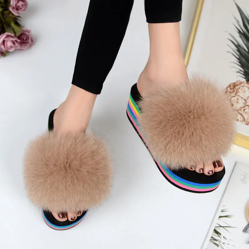 New Fox Fur Slippers 2021 Women\'s Fur House Furry Slippers Plush Summer Rainbow Colored Heels Sweet Sandals