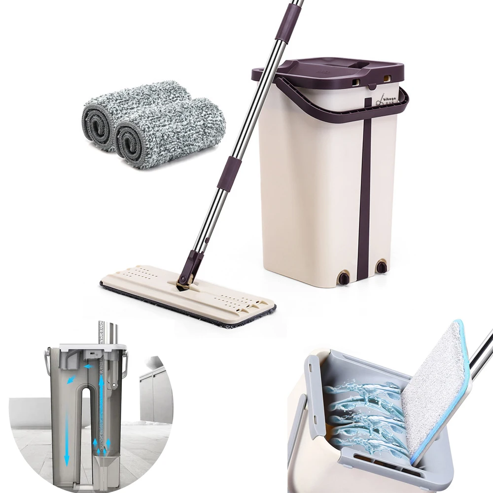 

Squeeze Flat Mop Hand Free Wringing Stainless Steel Mop Self Wet and Dry Cleaning Microfiber Mop Floor