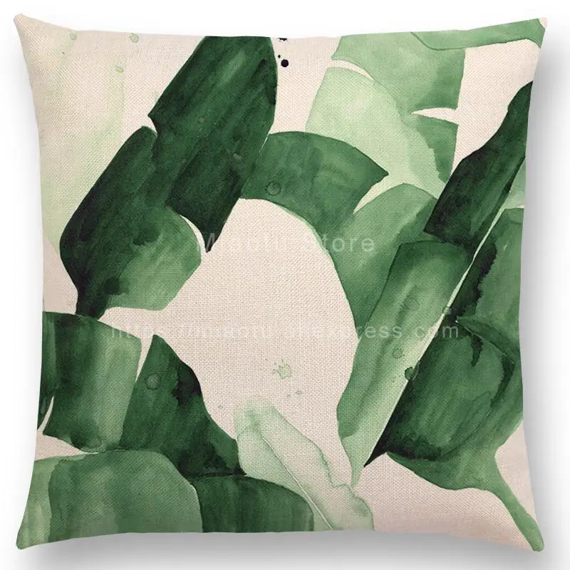 18'' Square Green Tropical Plants Leaves Linen Pillow Case Cushion Cover For Home Car Hotel Decoration Customized Drop Shipping