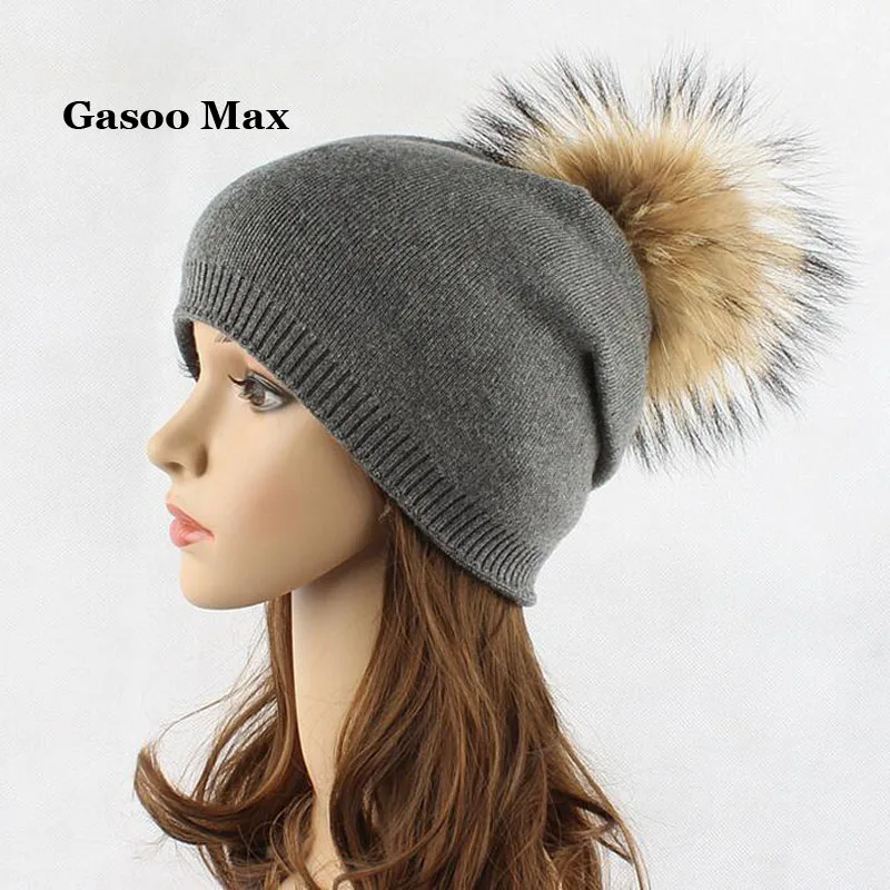 Autumn winter beanies hat Women knitted wool Skullies casual cap with real raccoon fox fur pompom girls ski gorros cap