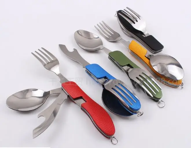 

Multi-function Outdoor Camping Picnic Tableware Stainless Steel Cutlery 4 in 1 Folding Fork Knife&Bottle Opener