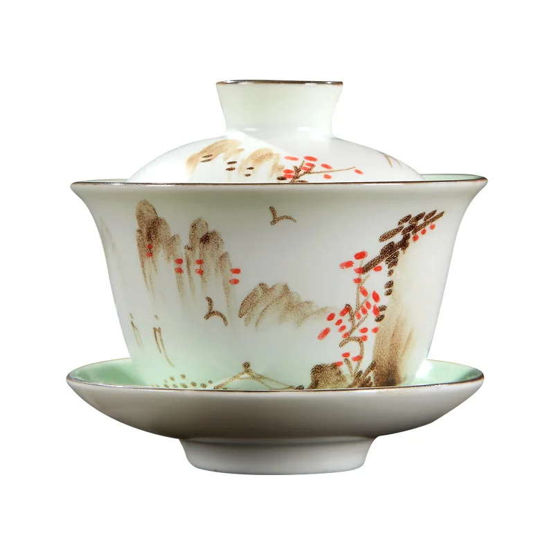 gaiwan porcelain handpainted mountain-river bamboo lotus print tureen cup bowl set with lid cup saucer coaster on sales China