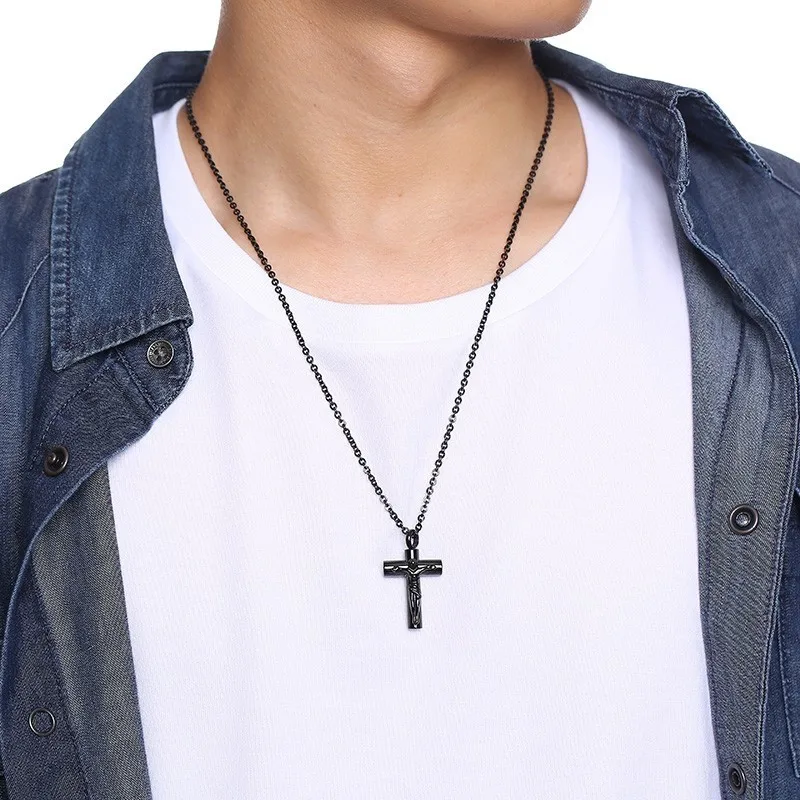 Vnox Men\'s Jesus Cross Cremation Urn Necklaces for Women Stainless Steel Ashes Funeral Casket Pendant Keepsake Gift Jewelry