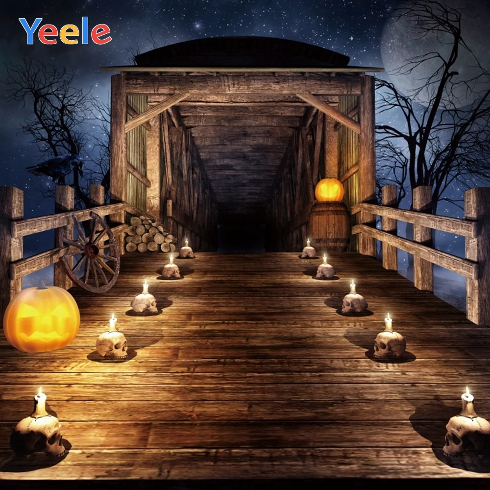 

Yeele Happy Halloween Photography Backdrop Wood Board House Pumpkin Lantern Custom Photographic Background For Photo Studio