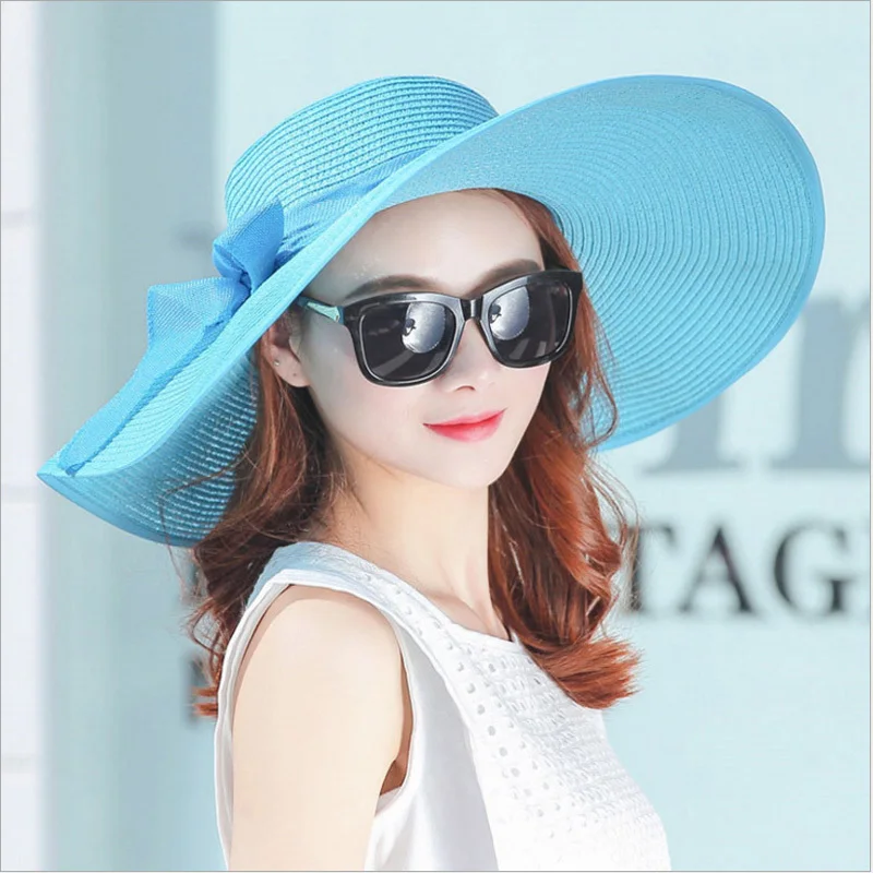 2019 simple Elegant Style Summer Large Brim Straw Hat Adult Women Girls Fashion Sun Hat Uv Protect Big Bow Summer Beach Hat