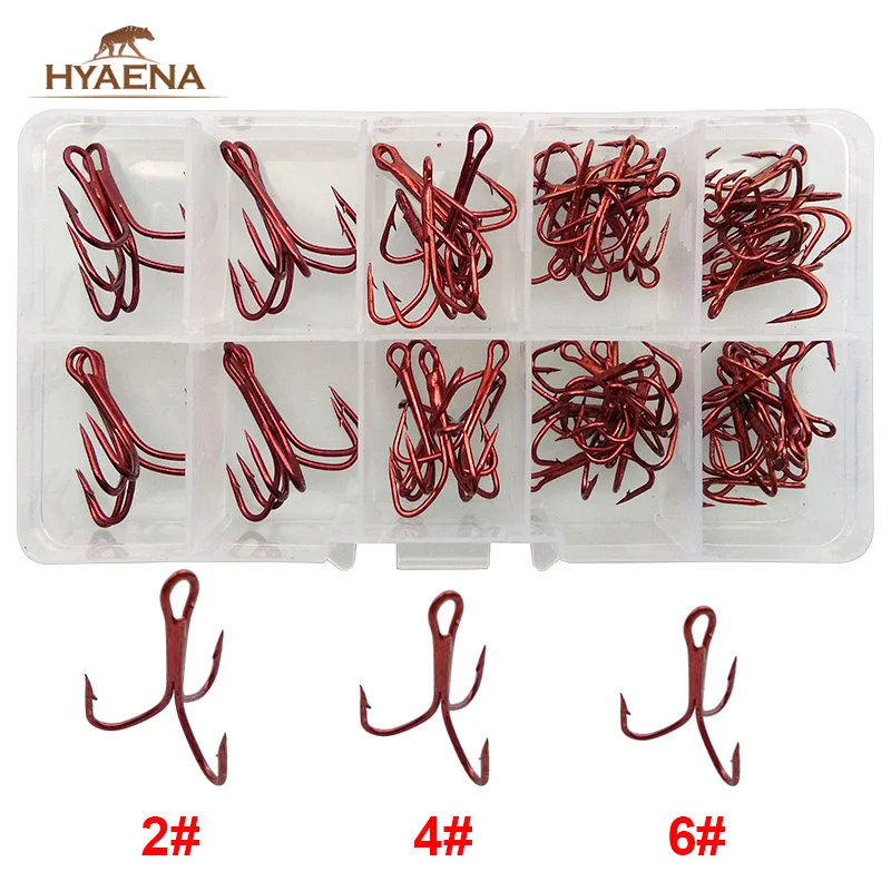 Hyaena 50pcs Red 35647 High Carbon Steel Fishhook Treble #2 4 6 Triple Hard Lure Fishing Hooks Set With Box