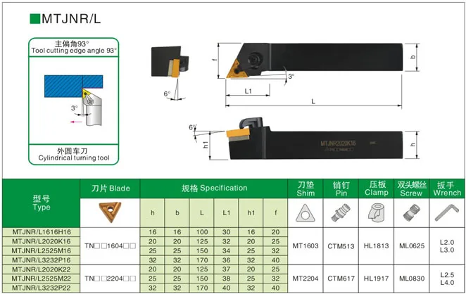 MTJNR2020K16 MTJNL2020K16 MTJNR 1616H16 MTJNL1616H16 Arbor diameter 16mm 20mm Cylindrical turning tool