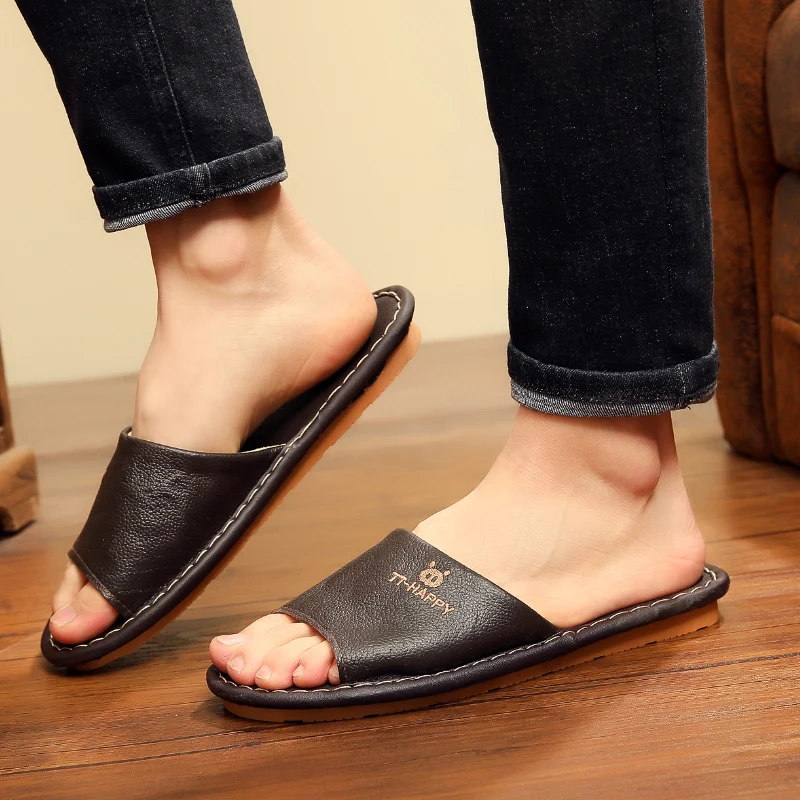 Leather home summer slippers indoor couple home wood floor men and women leather home non-slip summer sandals and slippers