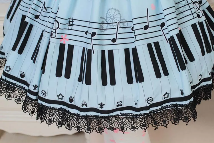 Piano Keyboard Printed Skirts Women Sky Blue Sweet A-Line Lolita Super Cute Girl Teen Horpsichord Pleated Lace Cat Bottoms