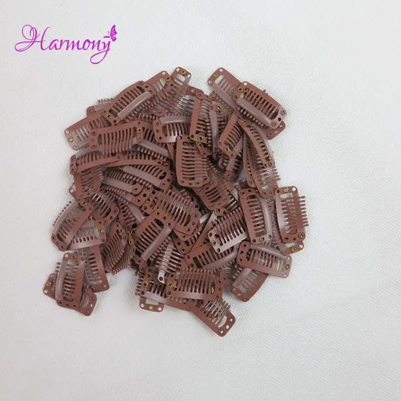 100 unids/lote de pinzas de extensión de cabello de 32mm y 9 dientes, Clips de Metal a presión con parte trasera de silicona para Clip en extensiones de cabello humano, peine de peluca