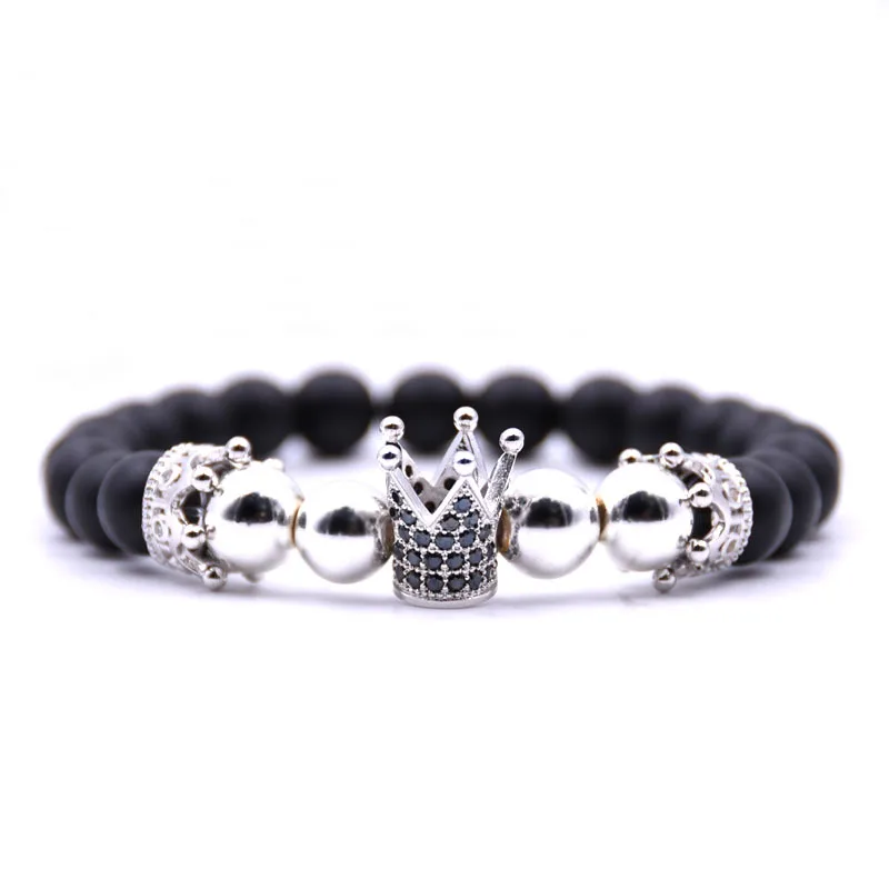 Ncrorcn Trendy Natuurlijke Kralen Streng Armband Micro Pave Zirkoon Black Lava Rock Steen Energie Mannen Crown Armbanden Sieraden