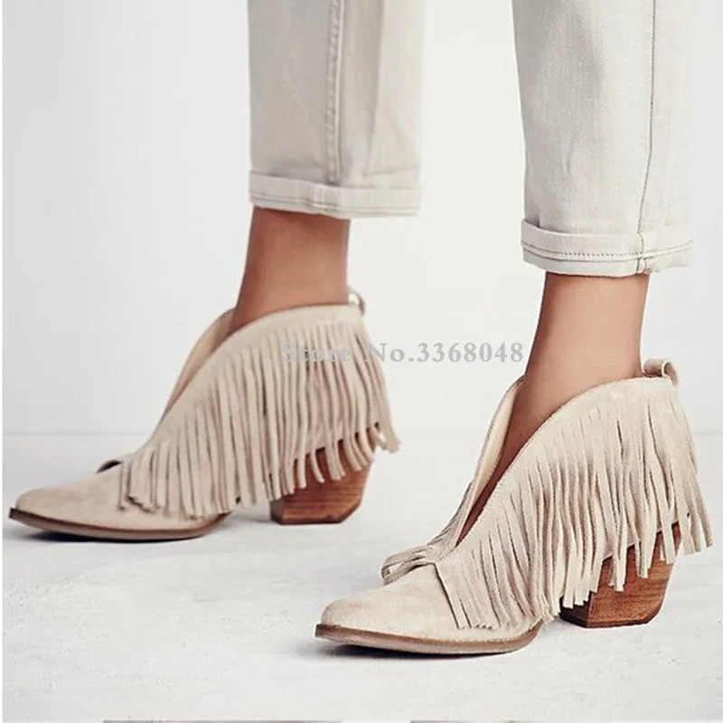 

2018 Sexy Front V Open Women Ankle Boots Chunky 7 CM High Heels Slip On Tassels Women Pumps Fringed Summer Autumn Boots