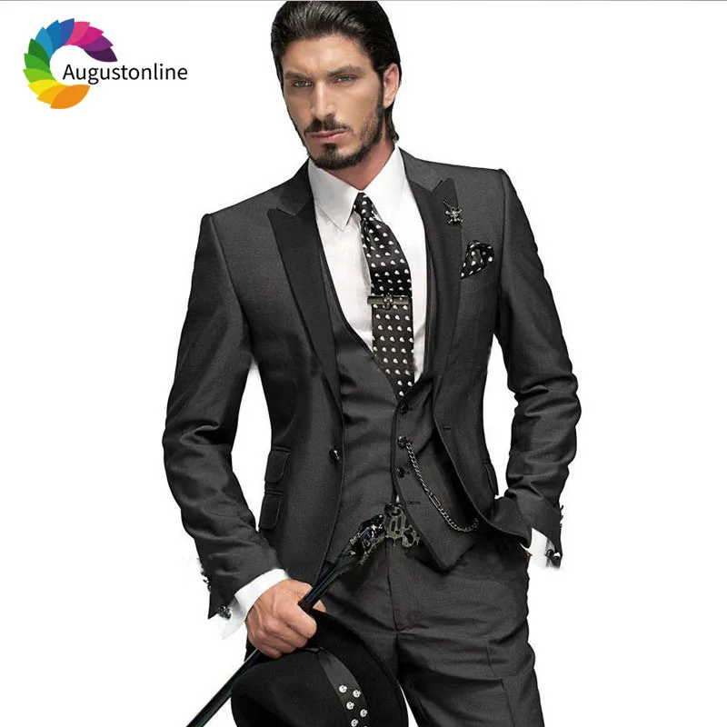 

Italian Black Men Suits for Wedding Black Peak Lapel Slim Fit Groom Tuxedos 3Pieces Male Blazers Jacket Pants Vest Costume Homme