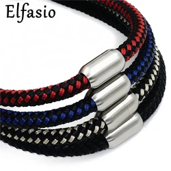 8MM Genuine Leather & Nylon Braided Cord Mens Boys Stainless Steel Magnetic Lock Necklace Chain Jewelry