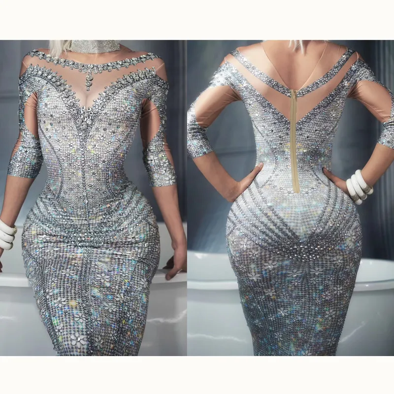 Sexy Crystals Rhinestones Women Prom Long Dress Stretch Half Sleeve Mermaid Dress Ladies Silver Floor Length Club Stage Dresses