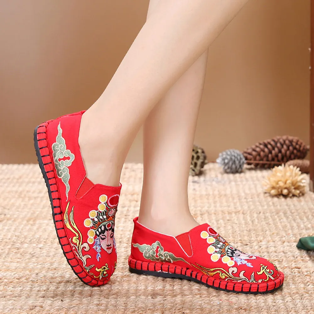 Veowalk Chinese Opera Embroidery Women Canvas Loafers Ladies Comfort Slip-on Flats Soft Cotton Embroidered Shoes