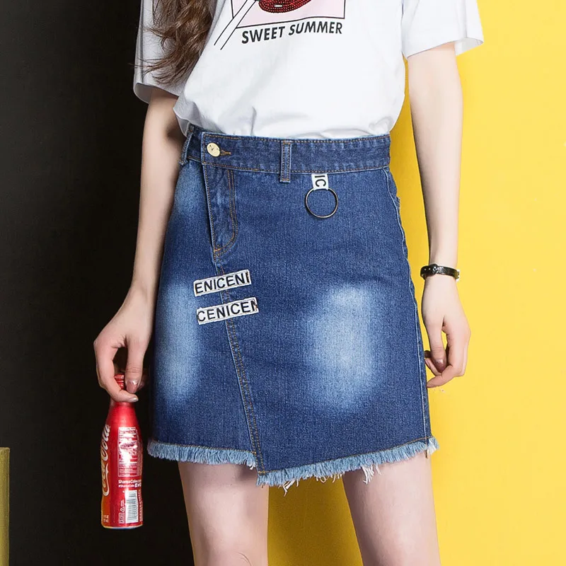 Women High Waist Pencil Denim Skirts 2019 Summer Alphabet Pattern Button Jeans Skirt Women Casual High Street Pencil Skirt