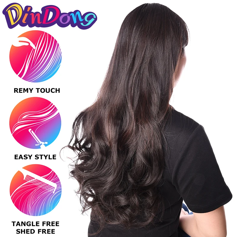 DinDong – Extensions capillaires ondulées avec 4 Clips, 24 pouces, en fibres synthétiques blondes, gris argent, résistantes à la chaleur, 19