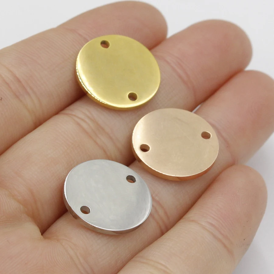 Fnixtar 20Pcs/Lot 8-25mm Mirror Polishe Stainless Steel Stamping Blank Disk Connector Two Inner Hole Gold Color DIY Charm Discs