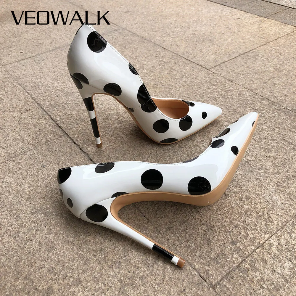 Veowalk Poka Dot Print Women Cute Stiletto High Heels Office Elegant Ladies Slip on Pointed Toe Pumps Young Girls Shoes White